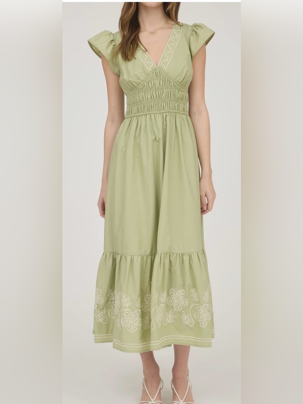 Light Green Smocked Midi Dress with Embroidered Hem